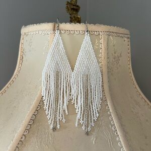 White Beaded Fringe Earrings